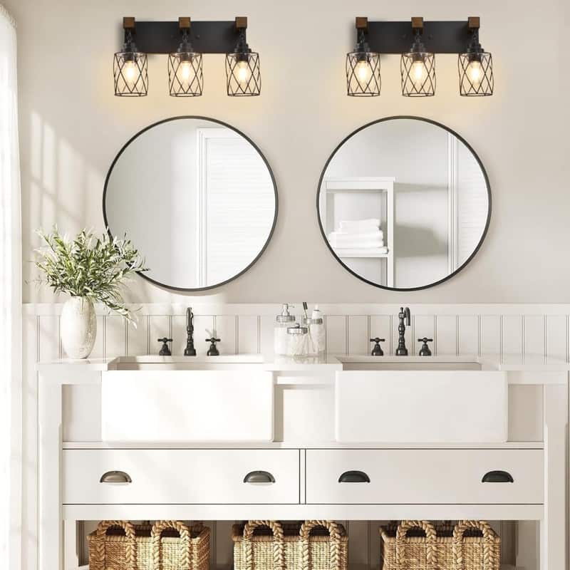 3 Light bathroom light fixtures black wall sconces glass, metal, wood wall light