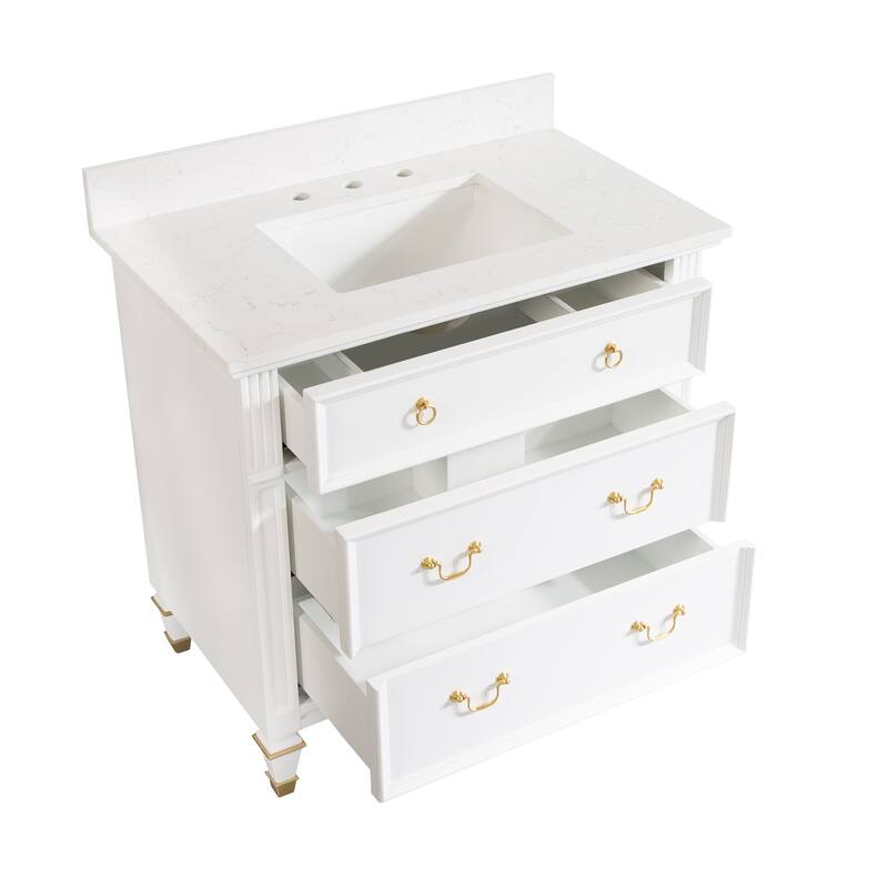 35'' H X 36'' W Solid Wood Bath Vanity with Stain-resistant Carrera White Quartz Top and Single Sink