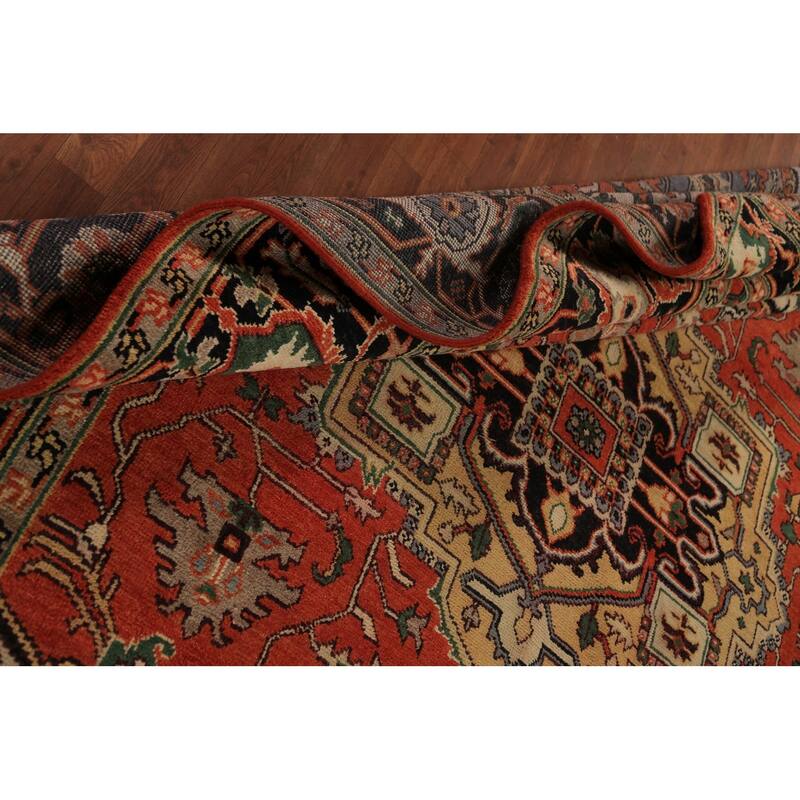 Geometric Heriz Serapi Indian Area Rug Handmade Orange Wool Carpet - 8'9"x 11'10"