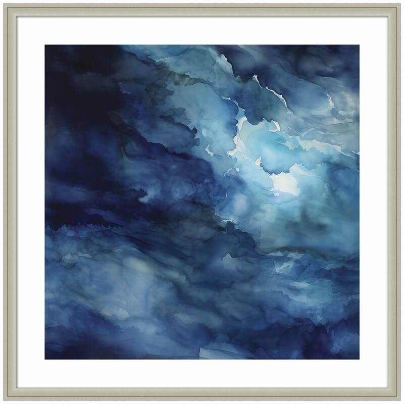 Kate and Laurel Framed Art Rich Blue Watery Abstract by The Creative Bunch Studio - 34x34 - Silver