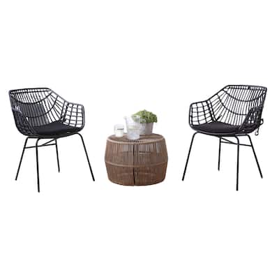 Zyan 3pc Outdoor Set, 2 Accent Chairs with Table, Black Steel, Brown Rattan