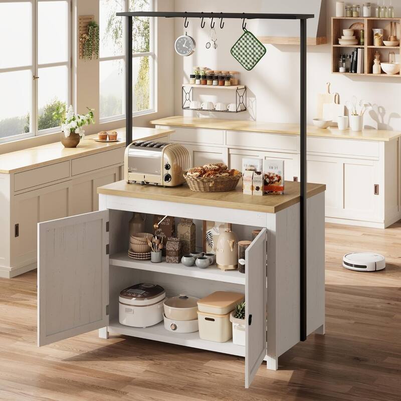 41" Kitchen Island with Storage, 1.2" Countertop with Double Shelves, 5 Hooks, Metal Coffee Bar Table, Black