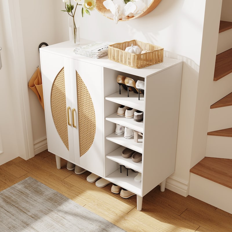 Shoe Cabinet with Adjustable Shelves, Buffet Sideboard with Anti-Tip Safety, Rattan Storage Entryway Accent Cabinet
