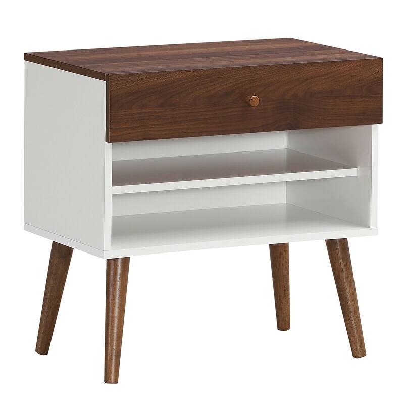 Nightstand End Side Table Drawer Storage Shelf Mid-Century Rubber Wood Leg