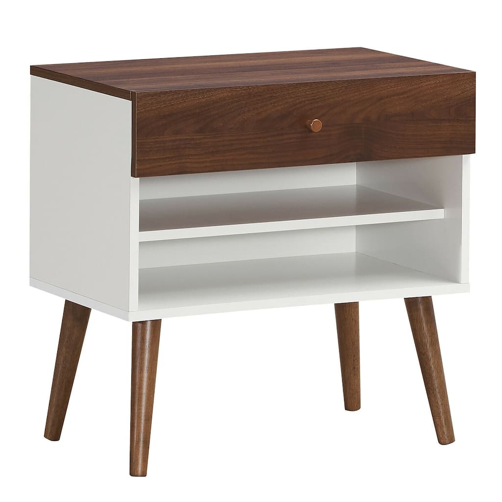 Nightstand End Side Table Drawer Storage Shelf Mid-Century Rubber Wood Leg
