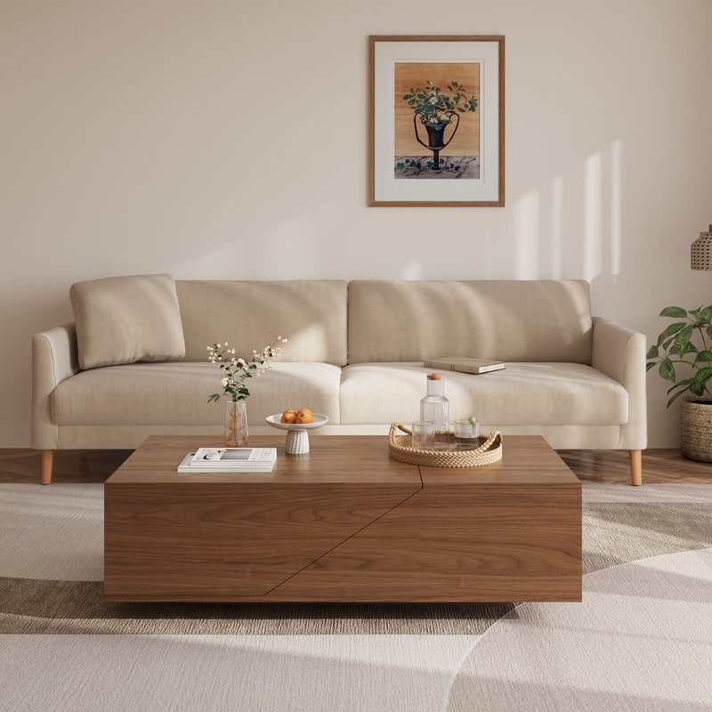 47" Modern Mid-Century Lift Top Trunk Coffee Table with Divided Storage, Dual-Zone Design for Living Room