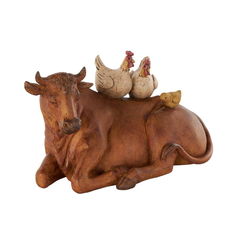 Polystone Cow Decorative Sculpture with Sitting Roosters and Chicks - Copper or Cream