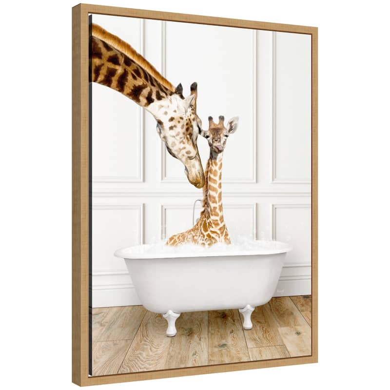 Kate and Laurel Sylvie Mother and Baby Giraffe in Traditional Vintage Bathtub Framed Canvas by Amy Peterson - Natural