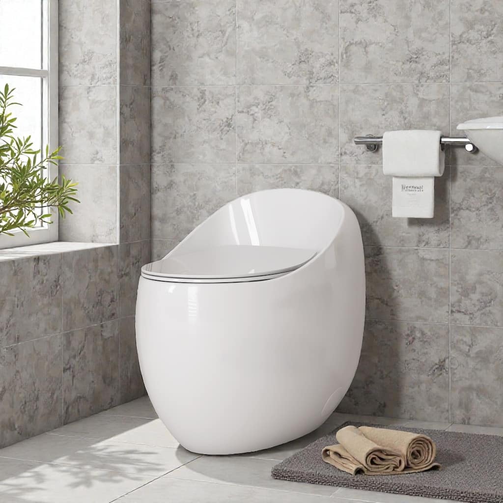 One Piece Egg Shape Toilet 1.28 GPF Single Flush. Soft Close Seat. Quick Release. Modern Bathroom Design