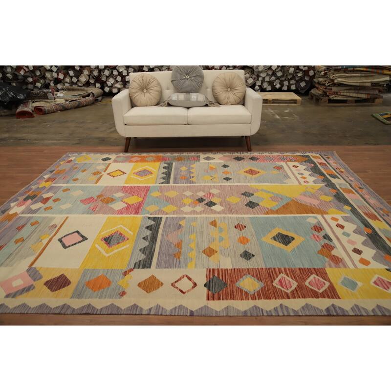 Hand Woven Oriental 100% Wool Carpet Southwestern Tribal Multi-Colored Kilim Area Rug - 9' 11'' X 8' 1''