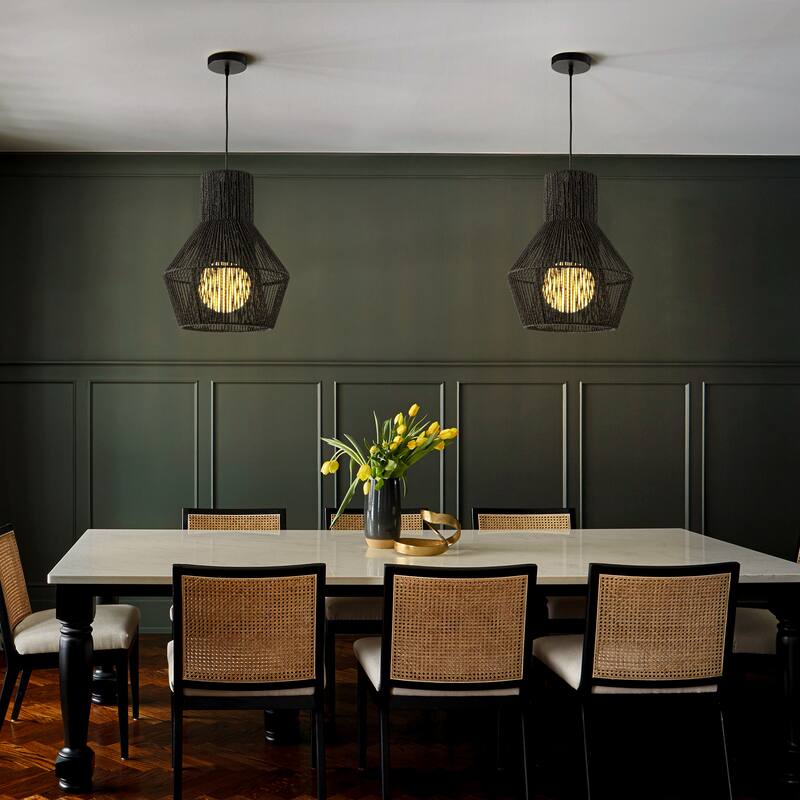 1-Light Modern Black Hand-Woven Rattan Chandelier Bubble Trasitional Cylinder Medium Natura Pendant Light For Bedroom - W14''