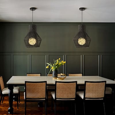 1-Light Modern Black Hand-Woven Rattan Chandelier Bubble Trasitional Cylinder Medium Natura Pendant Light For Bedroom