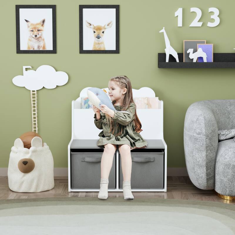 Kids Bookshelf with 2 Fabric Storage Bins-Wooden Bookcase with Book Display Shelf,Cute Bear-Shaped Backboard,Toy Organizer