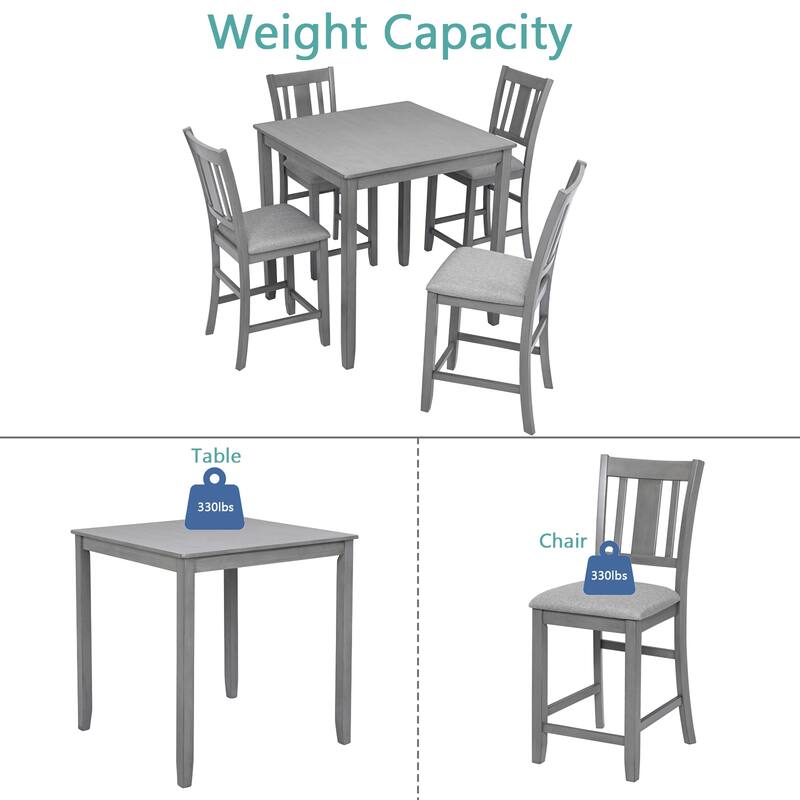 Counter Height Table Chairs Set Wooden Kitchen Table Set with Crystal Accent Square Table and 4 Upholstered Chairs Gray