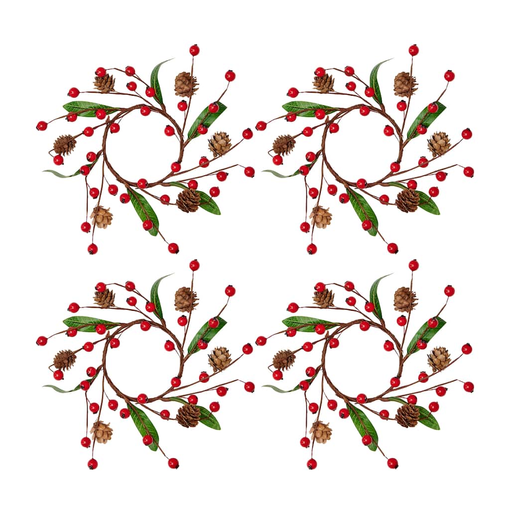 3.5" Red Berries Pine Cone Leaves Candle Ring, Set of 4 - 8