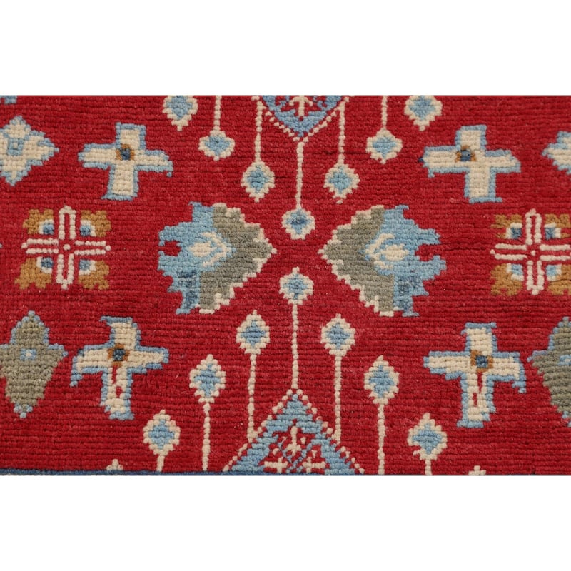 Geometric Red Kazak Foyer Rug Hand-Knotted Oriental Accent Wool Carpet - 3'2" x 4'9"