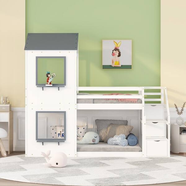 slide 2 of 7, White Twin over Twin All-in-One Storage Bunk Bed Frame w/ Storage Stairs, Roof, Window, Ladder Creative Loft Bed for Kids, Teens White