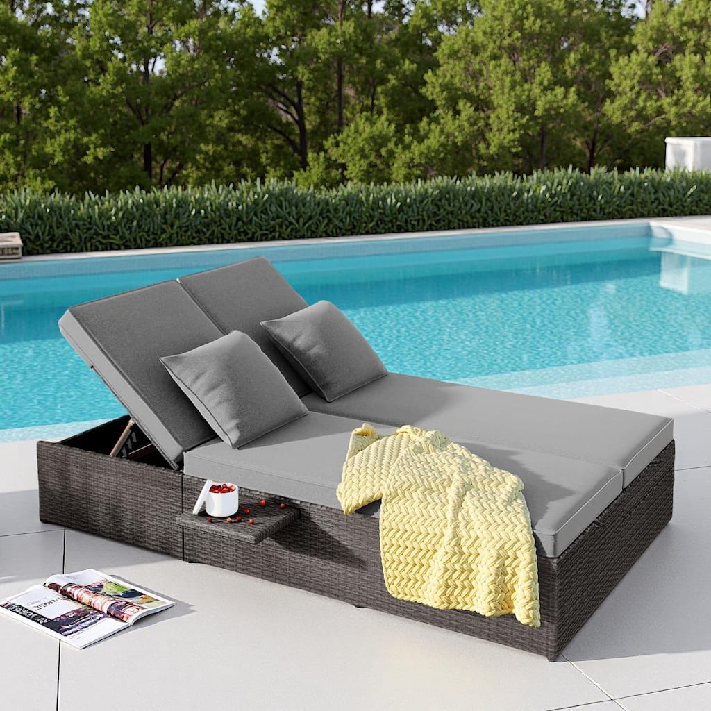 Outdoor Patio Rattan Double Daybed Sunbed with Adjustable Backrest and Seat