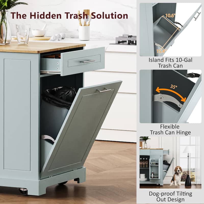 Fluted Kitchen Island with Trash Can Storage Cabinet, Power Outlet, Internal Storage Rack, Rolling Kitchen Islands