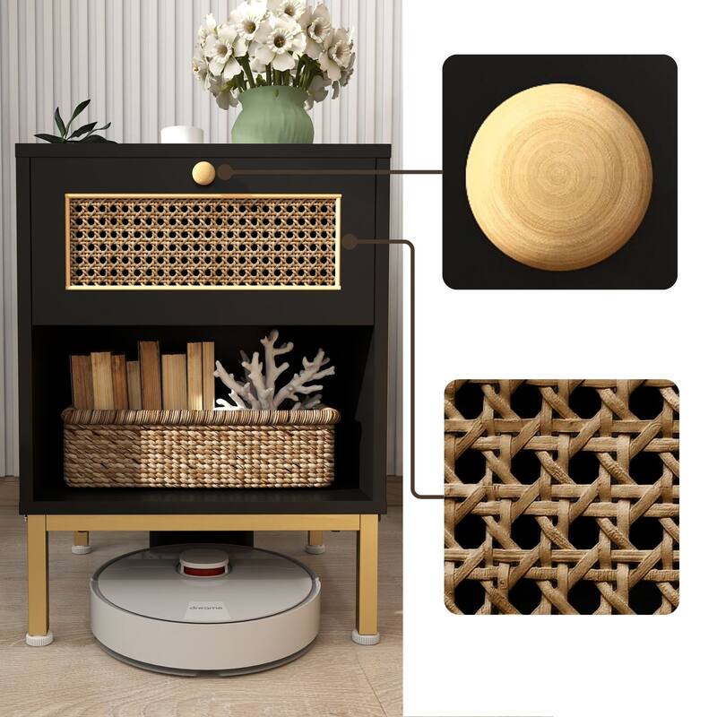 Rattan End Table/ Nightstand with Drawer, Farmhouse Boho Bed Side Table