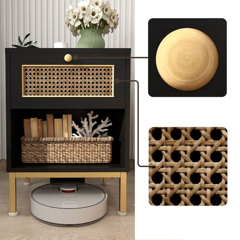 Set of 2 Farmhouse Coastal Rattan Nightstand for Bedroom, Black/ White End Table