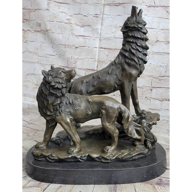 Signed Original Howling Imitative Wolf Bronze Sculpture Marble Base Statue Gift Decor Gift
