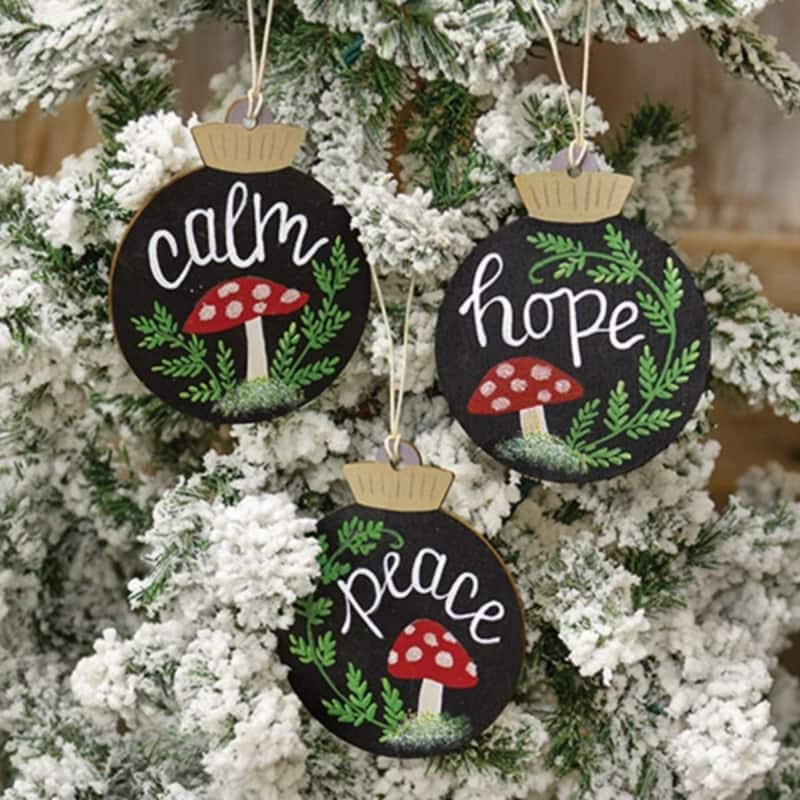 Black Wooden Hanging Mushroom Ornaments with Peace Calm Hope Script Text for Tree 3 Asstd. - 4.25" H x 3.5" W x .125" D