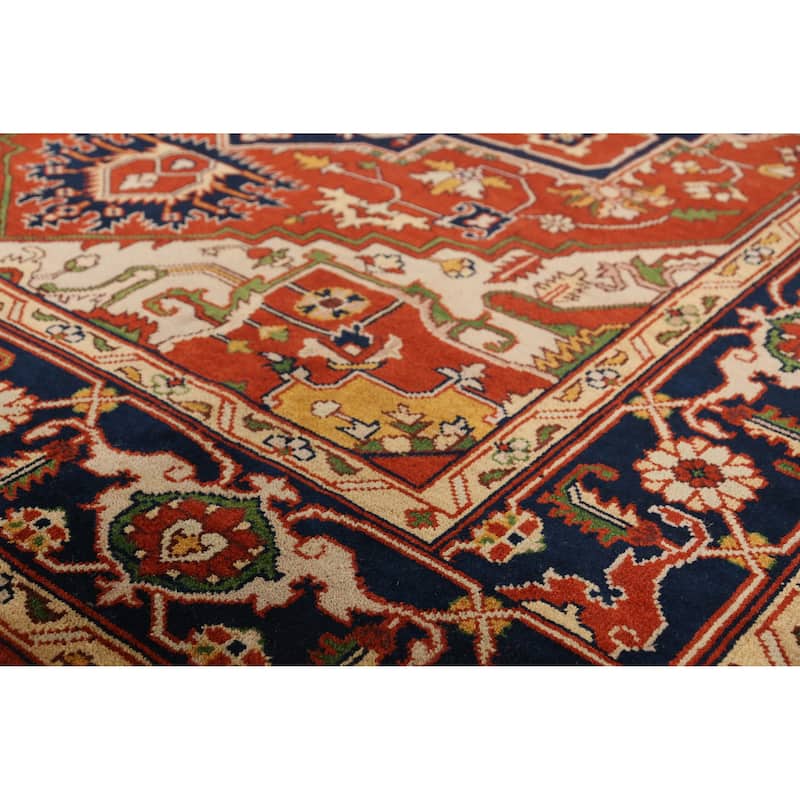 Orange Geometric Heriz Serapi Indian Area Rug Handmade Wool Carpet - 9'1" x 11'8"