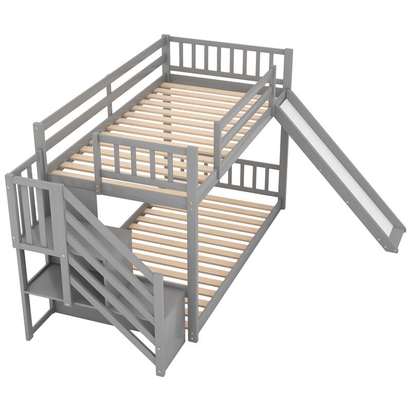 Convertible Twin Bunk Bed with Slide and Stairway, Space-Saving Design, Gray