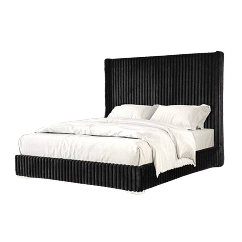 Wolo Full Bed, Black Fur Chenille Ribbed Upholstery, Wing Headboard