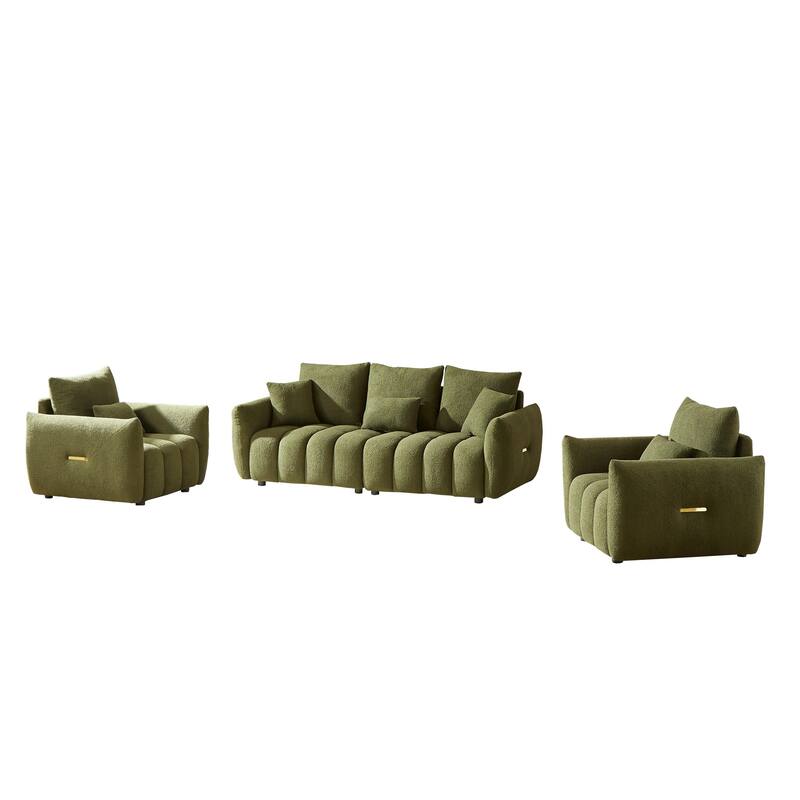 1+1+3 Seater Sofas Set of 3, Teddy Fabric Couches with Wooden Frame and Cushions, Armrests Side with Metal Strip Decorations