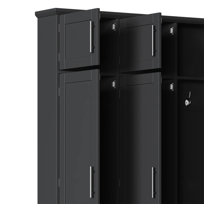 Farmhouse Hall Tree with 4 Hidden Hanging Hooks, Versatile Entryway Bench with 8 Doors, Shoe Cabinet with Open Compartments