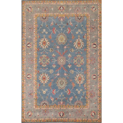 Blue Floral Oushak Oriental Area Rug Handmade Wool Carpet - 6'7" x 10'4"
