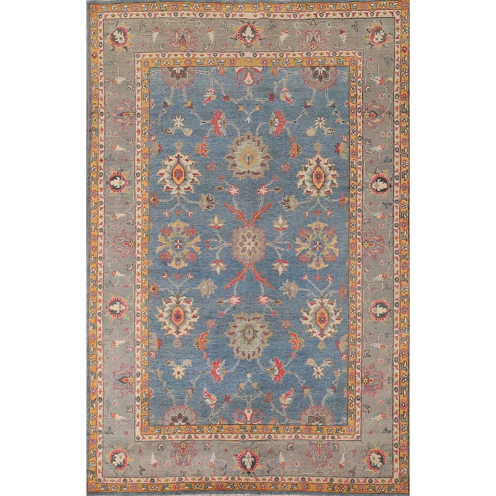 Blue Floral Oushak Oriental Area Rug Handmade Wool Carpet - 6'7" x 10'4"