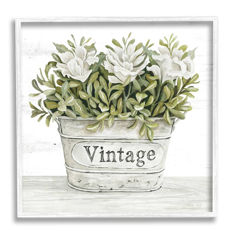Stupell Vintage Flower Planter Rustic Blooms Full Leaves Framed Wall Art, Design by Cindy Jacobs - Green