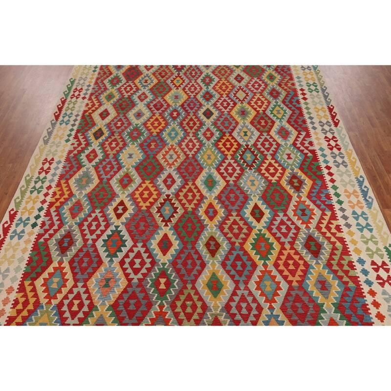 Geometric Multicolor Kilim Oriental Large Rug Flatweave Wool Carpet - 10'1"x 16'4"