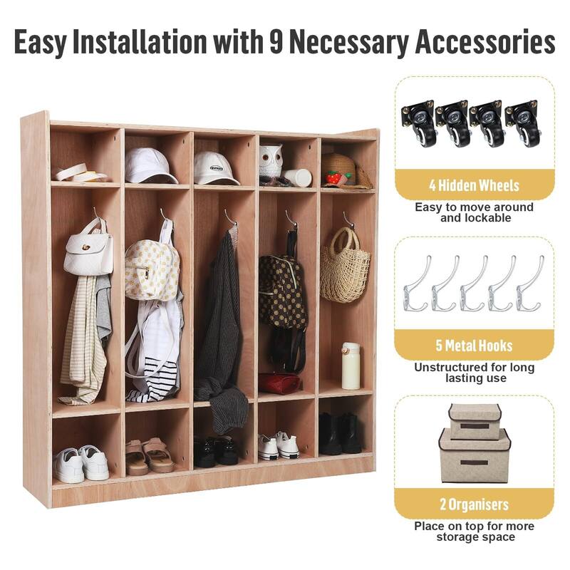 Coat Locker Cabinet with Wheels for Classroom & Daycare, 80lb Smooth Glazed Surface Cubby,