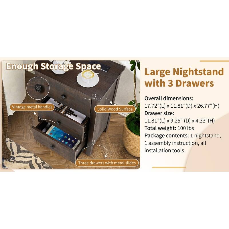 Brown MDF Wood 3-Drawer Bedside Table with Spacious Storage