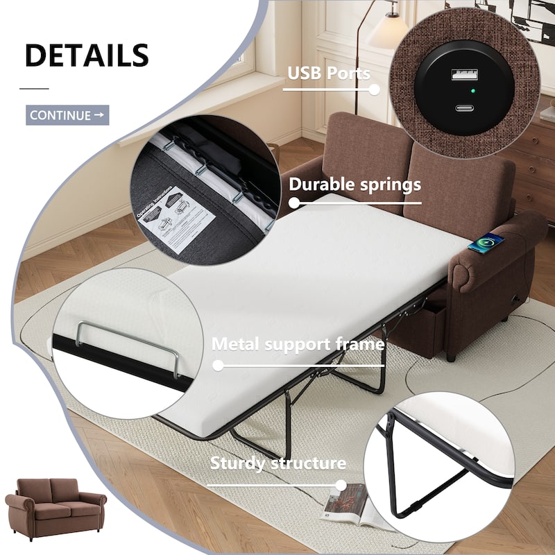 57.9" Pull-Out Loveseat Sleeper Sofa with Twin Memory Foam Mattress and USB Ports, Compact Sofa Bed for Living Room