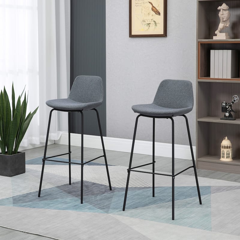 HOMCOM 29.5" Seat Height Bar Stools Set of 2, Upholstered Bar Chairs, Armless Barstools with Back, Steel Legs - Grey