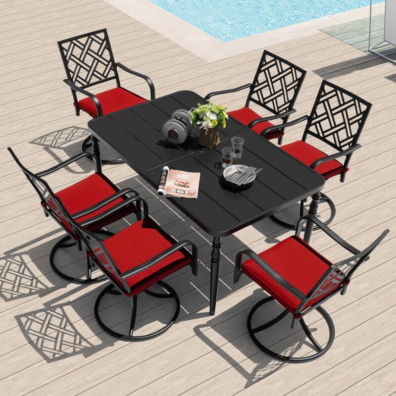 7PCS Metal Patio Dining Set with Umbrella Hole, Swivel Chairs with Cushions
