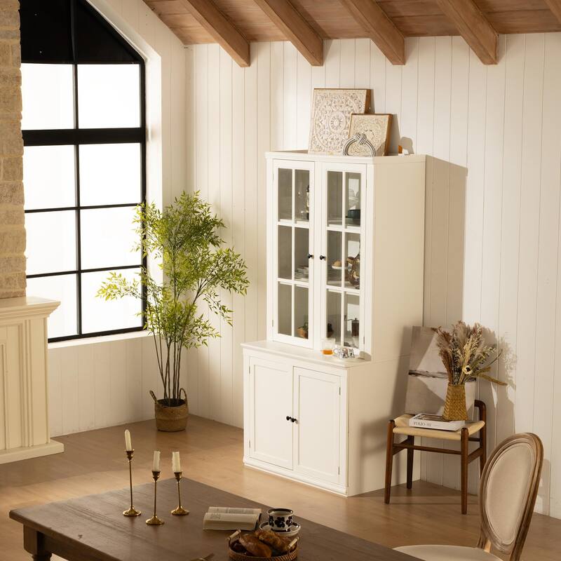 Roomfitters 75.25'' Pantry Cabinet with Glass Door, Farmhouse Hutch Display Cabinet with Storage for Kitchen, White