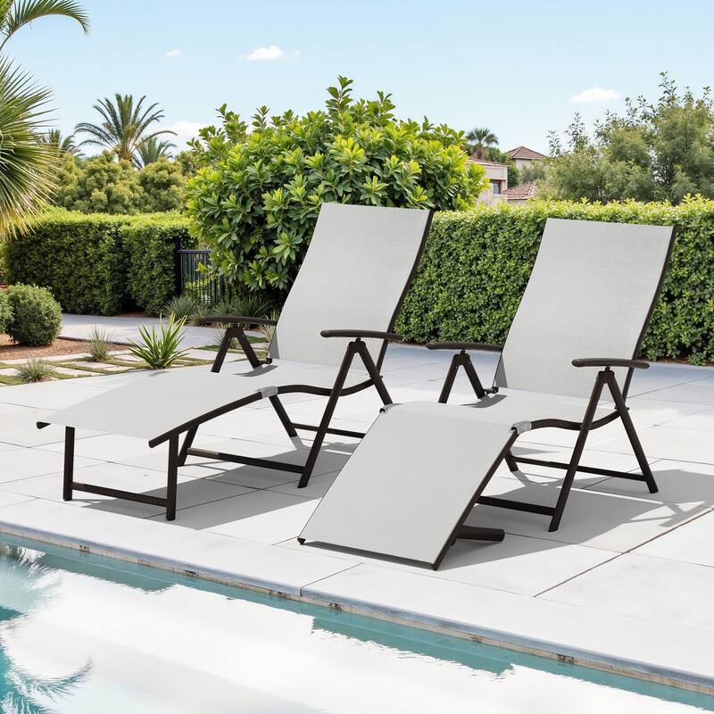 Outdoor Aluminum Folding Recliner Adjustable Chaise Lounge Chairs - See Picture - Light Grey Fabric, Brown Farme