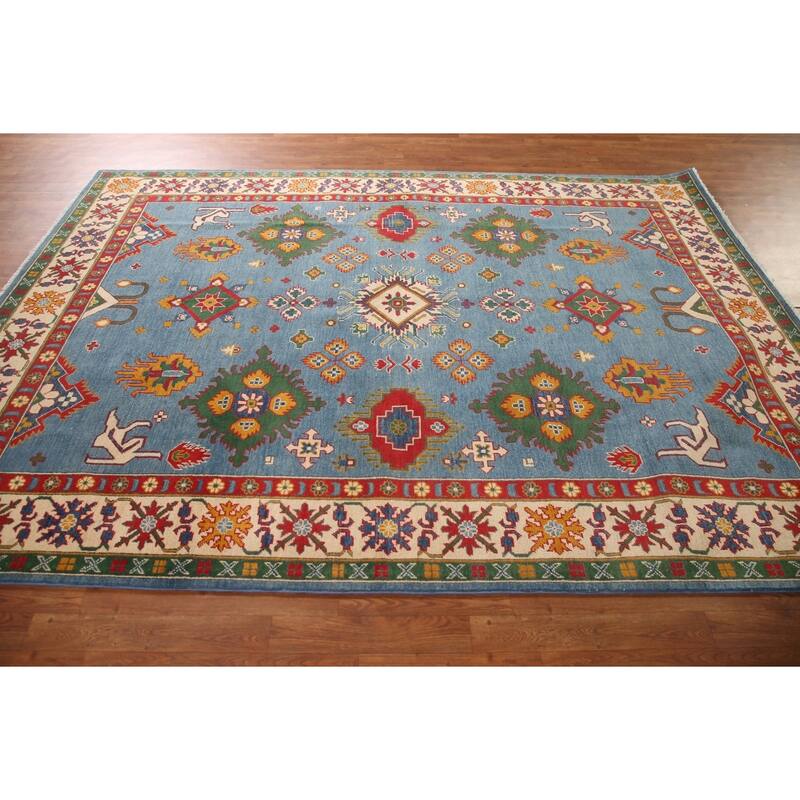 Blue Geometric Kazak Area Rug Hand-Knotted Wool Carpet - 6'10" x 9'7"