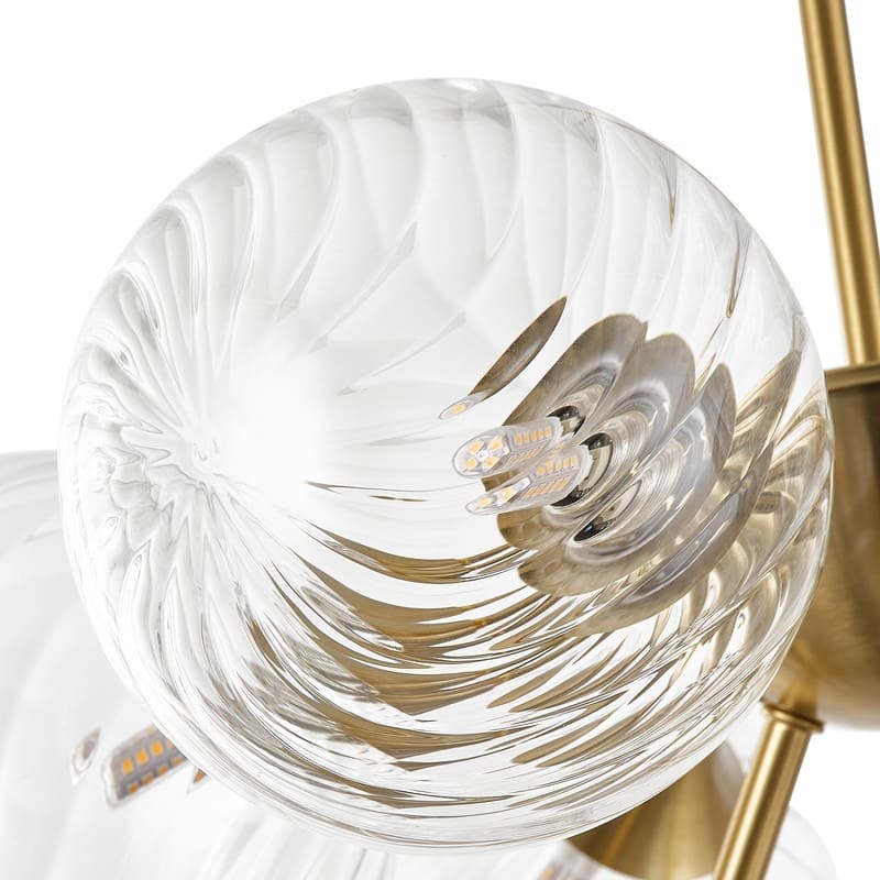 Modern 10-Light Chandelier with Swirl Clear Glass Globes and Brass Finish