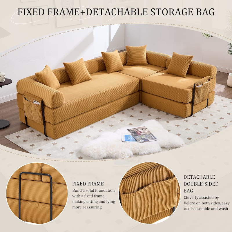 HOMEFUN Corduroy Upholstered Convertible Folding Sofa Bed with Fixed Frame and Pillow Back Handrail