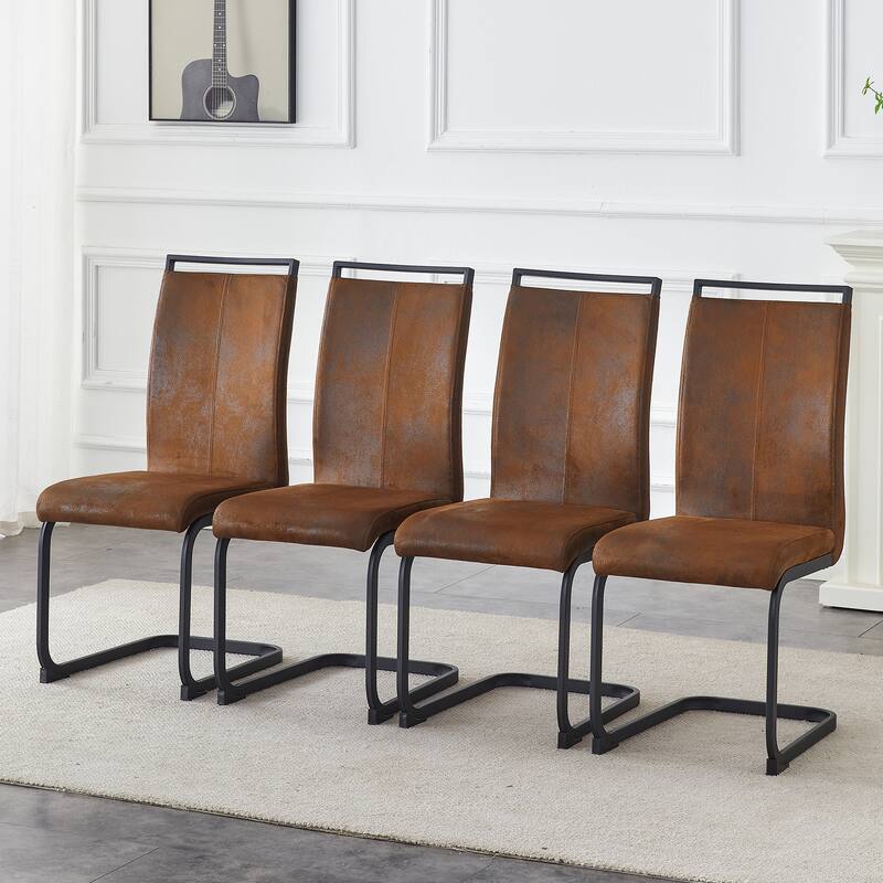 Retro - style Suede - like Tech Fabric Dining Chairs,Metal Legs.Ergonomic Arc Backrest + Reinforced Metal Frame.Set Of 4. - Brown