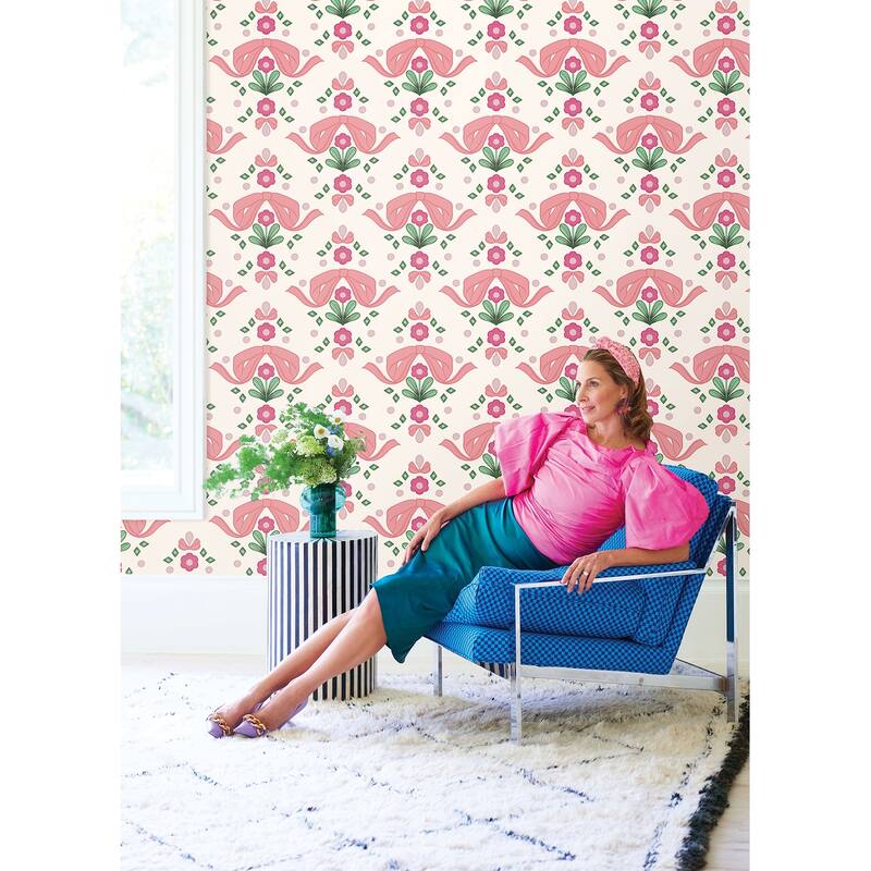 Lele Sadoughi Bow Damask Pink Peel & Stick Wallpaper