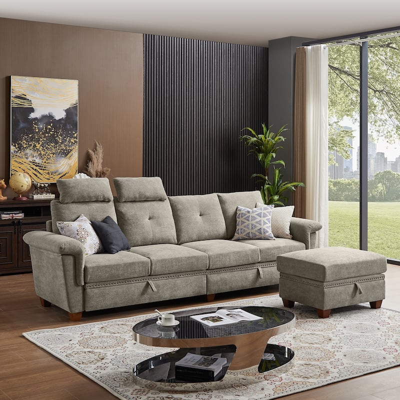 109" Modern 4 Seaters Towelling Sectional Sofa with Hidden Coffee Table and Large Storage Space