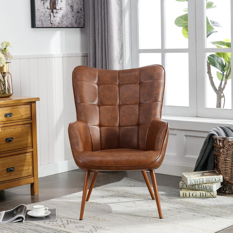 Vintage Wingback Chair Tufted Button PU Leather Accent Chair - Reddish Brown